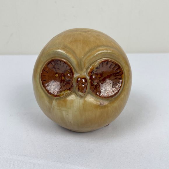 Vintage MCM Pottery Owl Round Big Eyes Tan Brown Glaze 4" - Picture 1 of 7